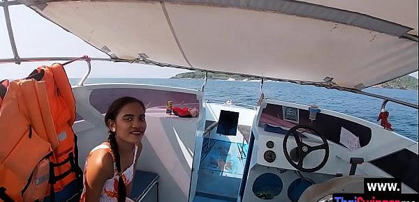  Perverted Asian teen fucked on the boat by  perverted white best friend with big dick